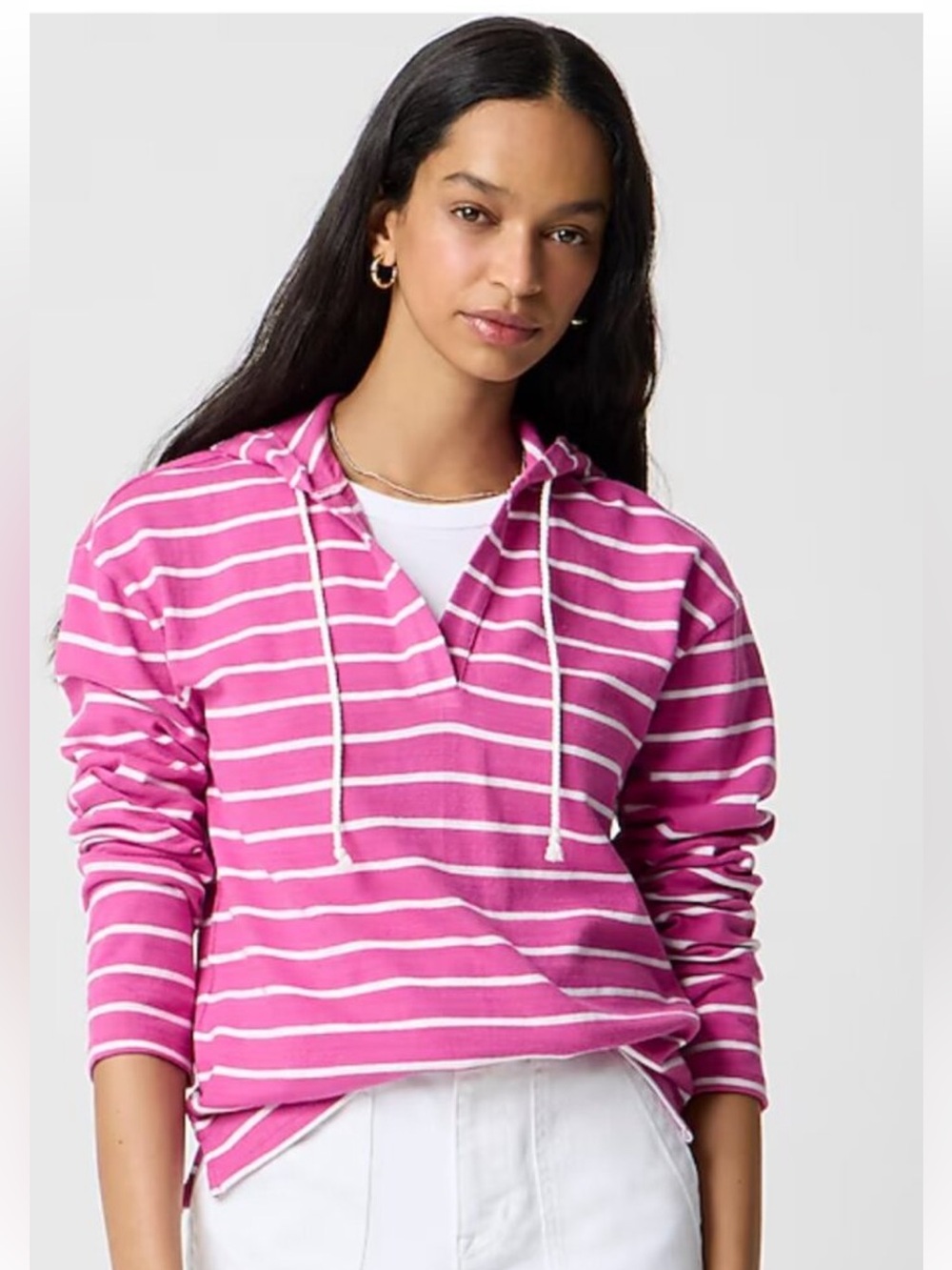 NWT J. Crew Factory Striped V Neck Beach Hoodie, CJ089 Pink & White, Size Small